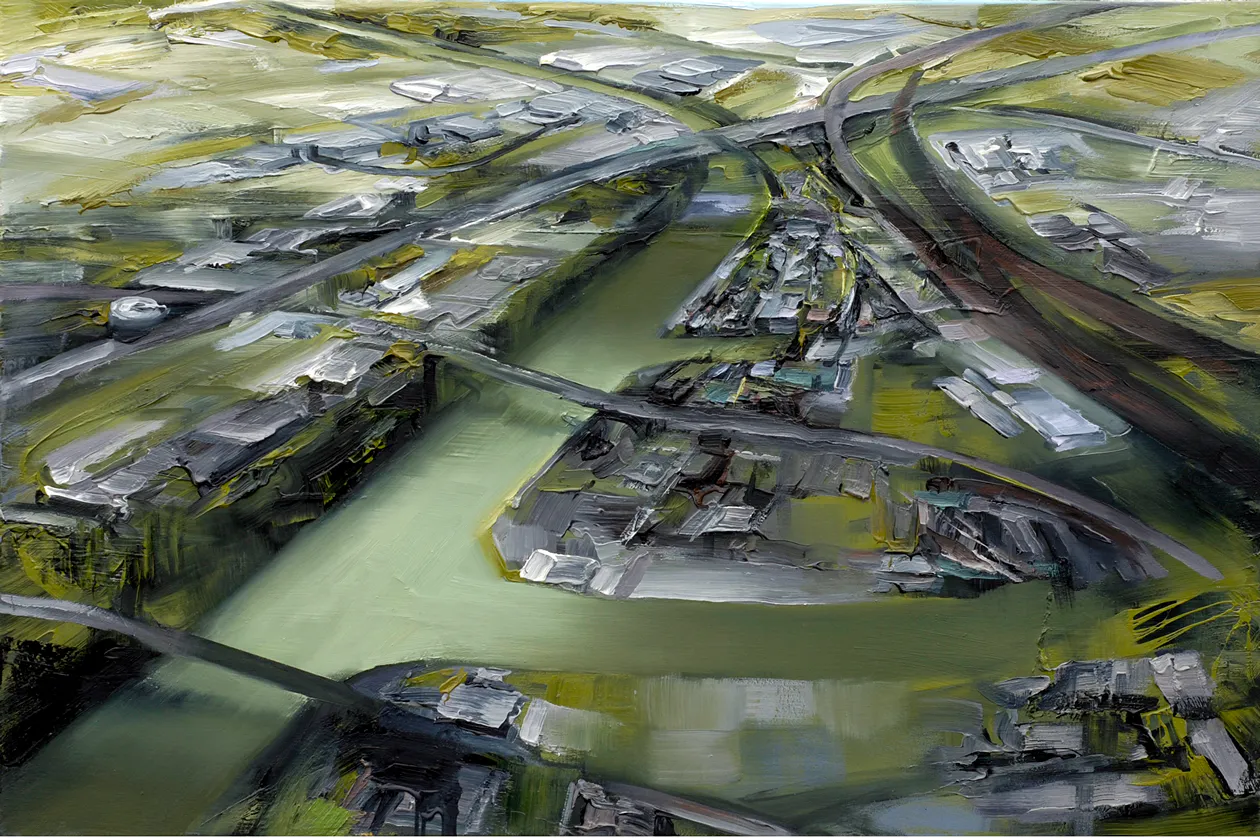 Stadt (Hafen/Ms III), 2006, Öl auf Nessel, 80 x 120 cm