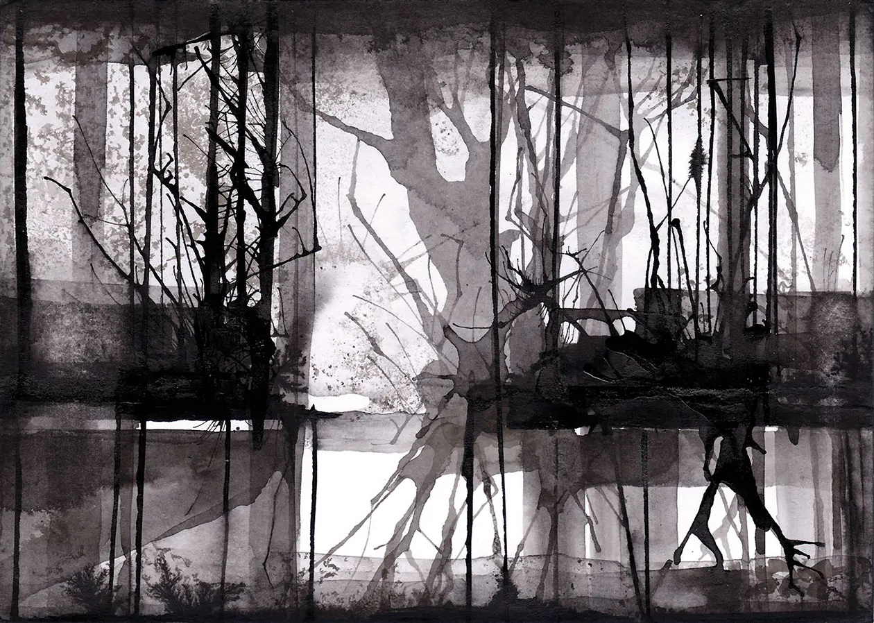 Täglicher Weg, 2025, Tusche auf Papier, 10,5 x 14,8 cm