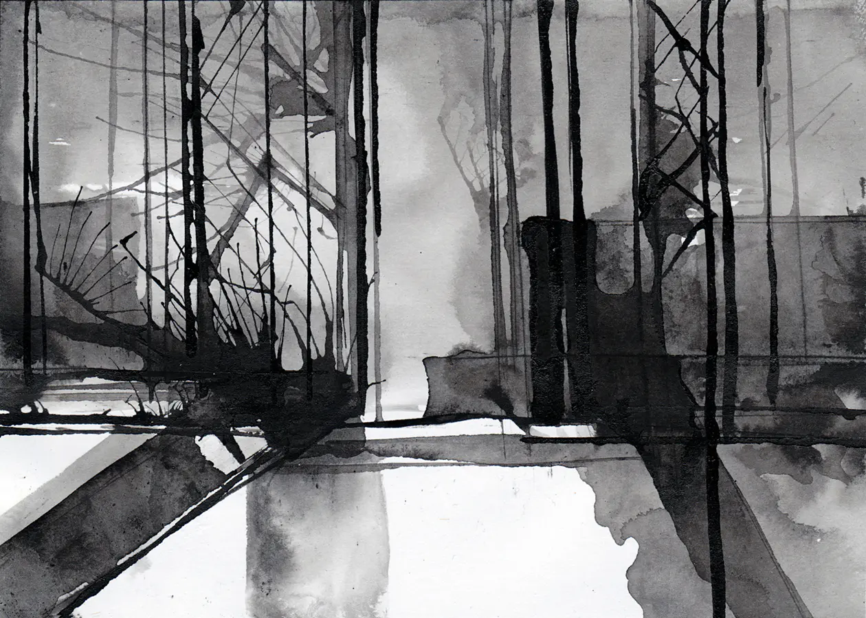Täglicher Weg, 2021, Tusche auf Papier, 10,5 x 14,8 cm